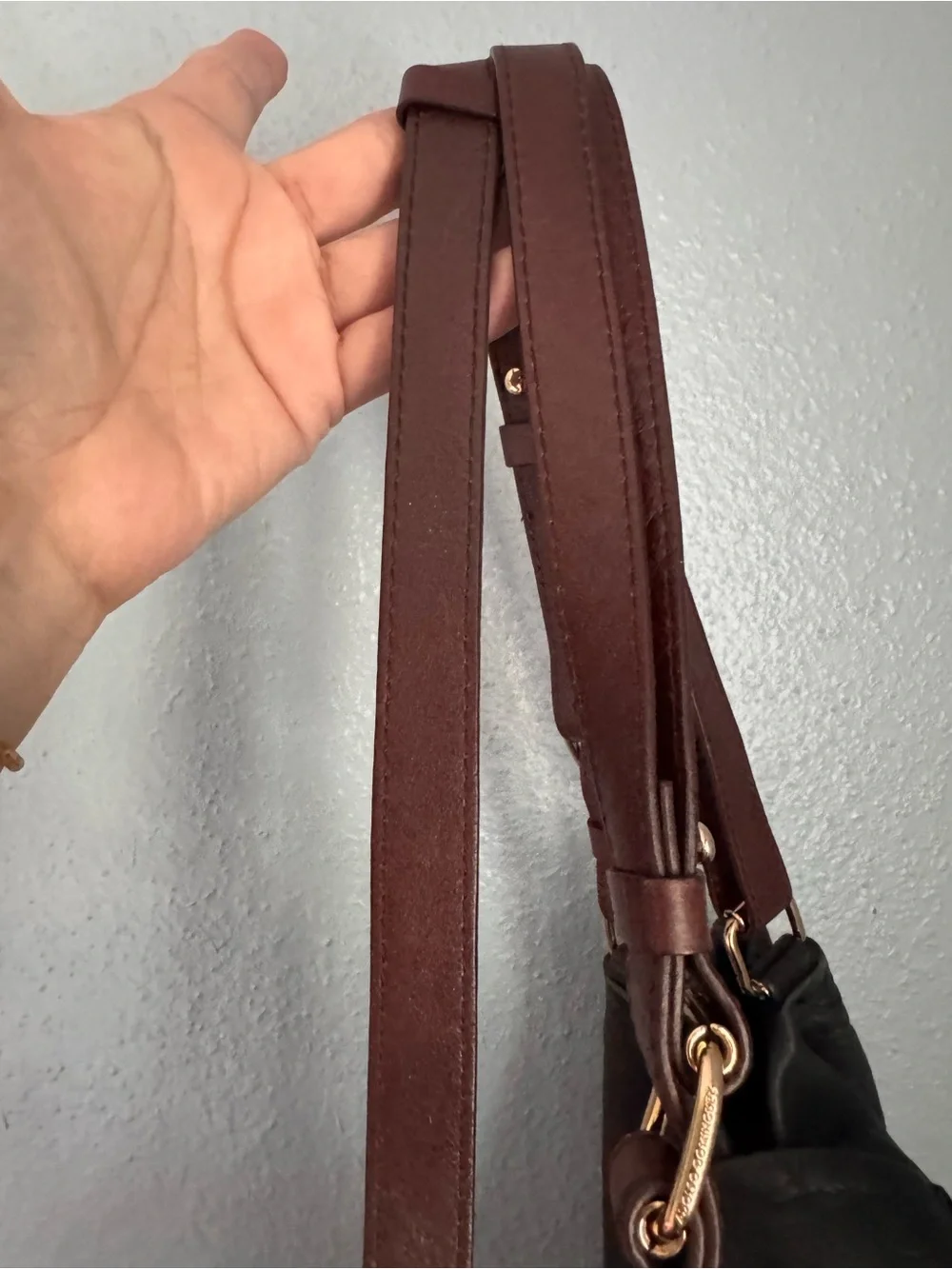 Adolfo Dominguez Black Leather Hobo with Brown Strap and Gold Hardware